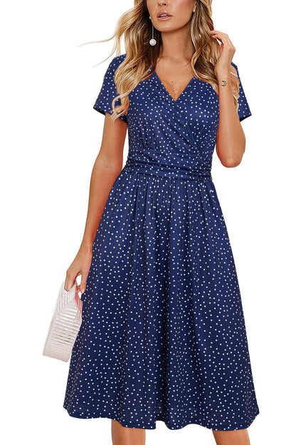 OUGES Casual Summer Dress for Women Wrap V Neck A Line Midi Dresses with Pockets