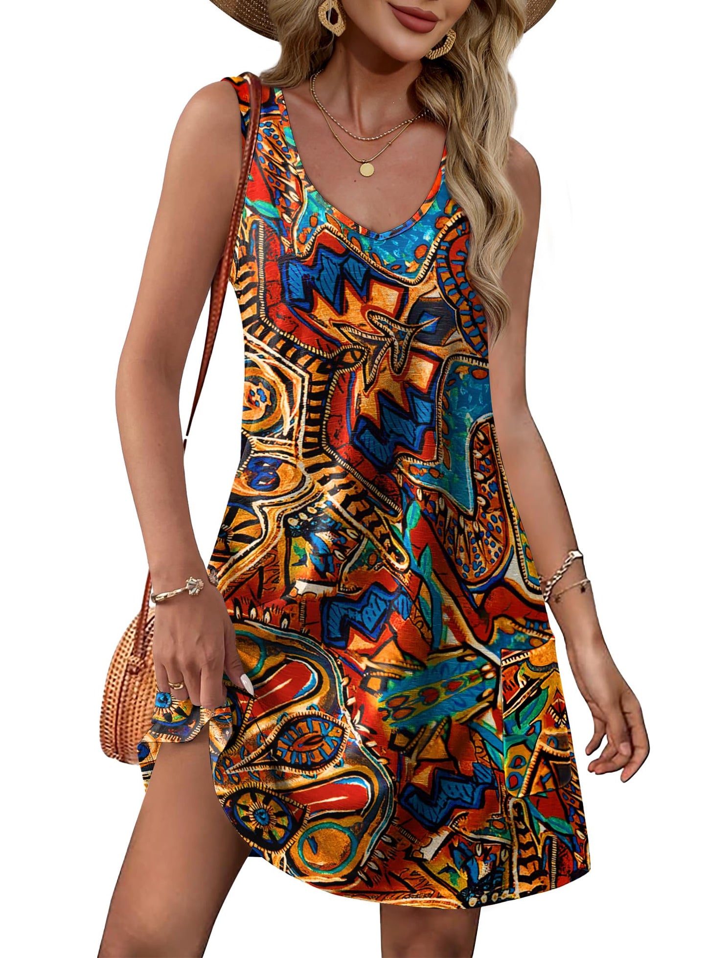 OFEEFAN Womens Summer Dresses 2026 Loose V Neck Sleeveless Sundresses Swimsuit Coverup with Pockets Floral/Plain/Eyelet