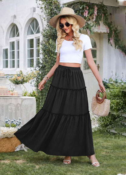 WEACZZY Womens Casual High Waisted Maxi Skirts with Pockets Flowy Boho Tiered Pleated Skirt for Spring Summer Travel Vacation