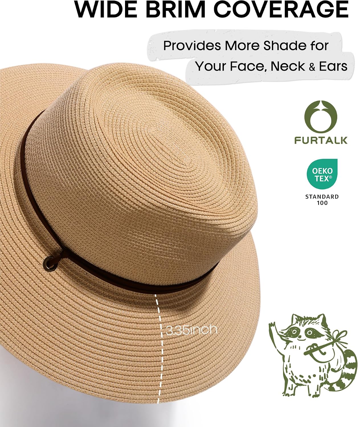 FURTALK Sun Hat Panama Fedora Straw Beach Hat with Wind Lanyard UPF | Packable for Travel, Hidden Hook and Loop Fit, Breathable Sweatband, Ideal for Summer Pool, Hiking & Gardening