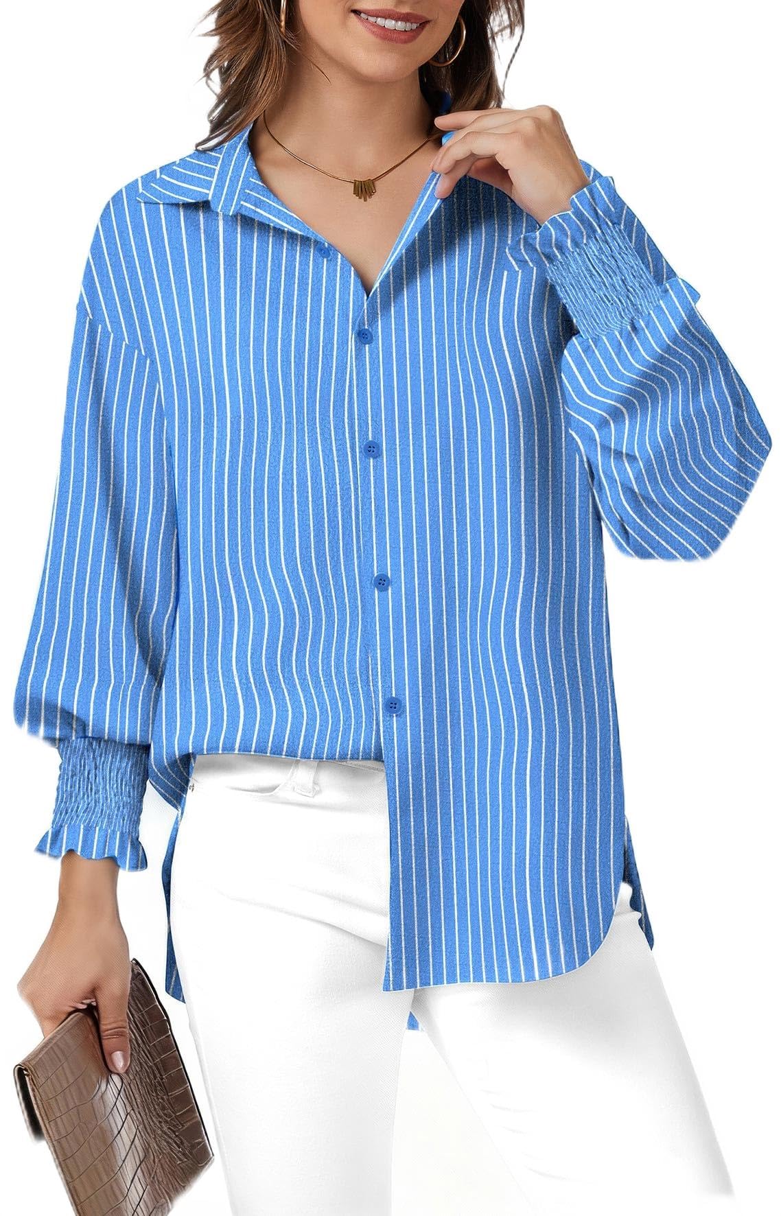 WEACZZY Womens Button Down Casual Shirts Long Sleeve Smocked Cuffed Blouses Collared Work No Pockets Tops 2026