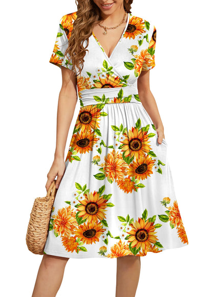 WEACZZY Women's Summer Short Sleeve Casual Dresses V-Neck Floral Party Dress with Pockets