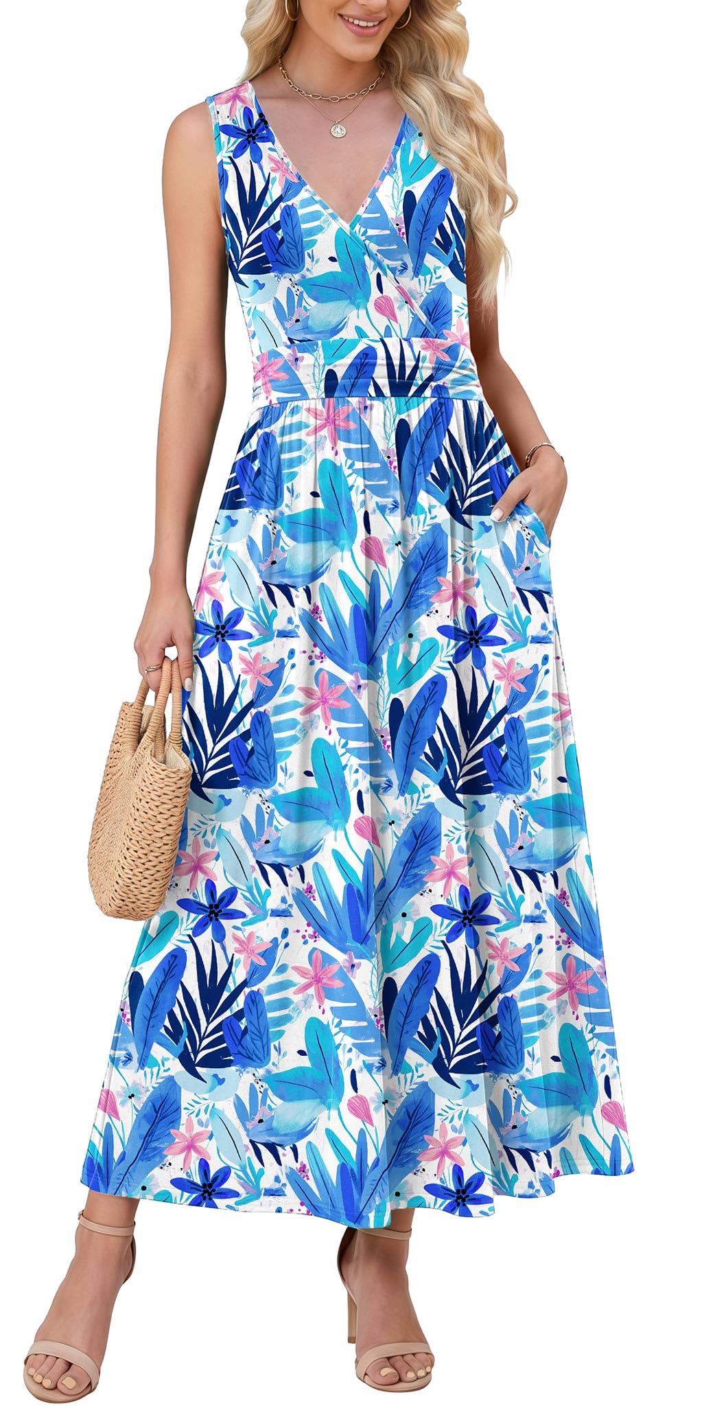 WEACZZY Women's Maxi Dress Sleeveless V Neck Sundress Cocktail Long Dresses with Pockets