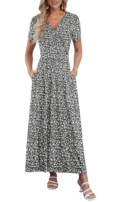 AUSELILY Maxi Dresses for Women Ankle Length Floral Print Beach Long Flowy Dress with Pockets