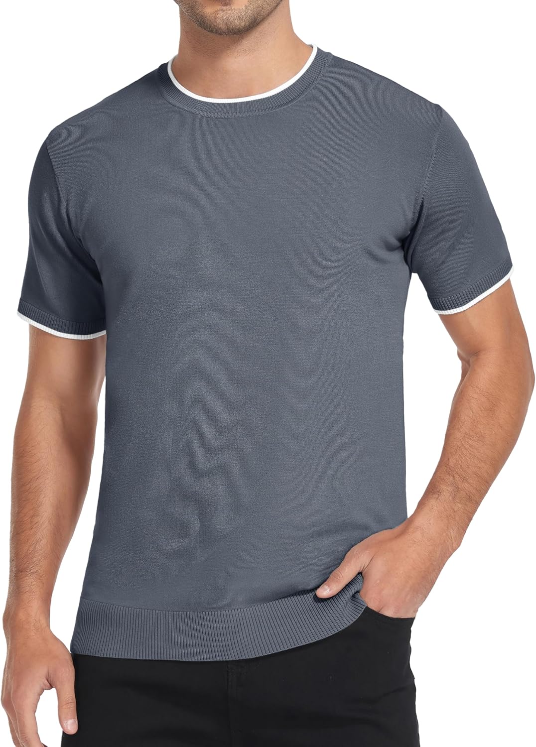 Sailwind Mens T-Shirt Knit Short Sleeve Crew Neck Contrast Trim Knit T-Shirt