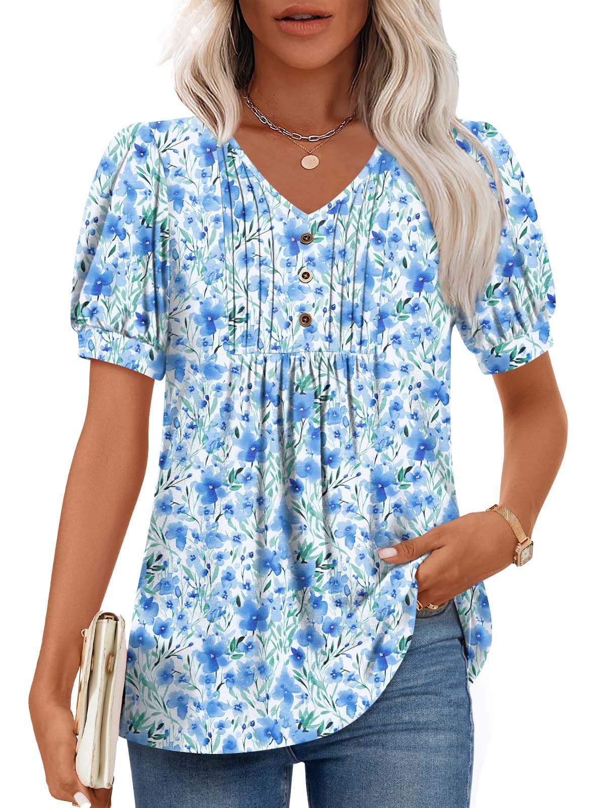 Findsweet Women's Summer Tunic Tops Casual Dressy Blouses Short Sleeve Shirts M-4XL