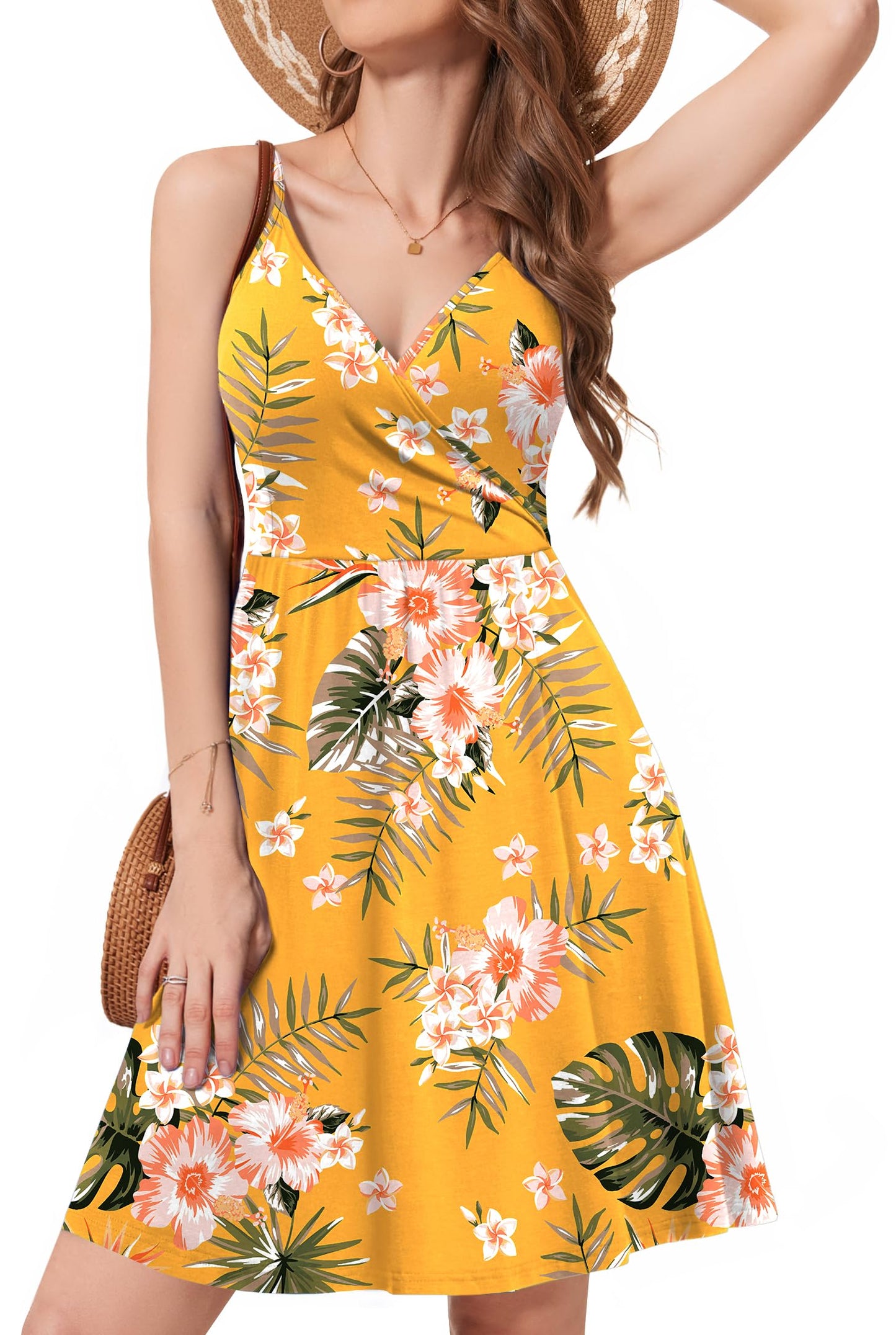 WEACZZY Women's 2026 Summer Dresses V Neck Spaghetti Strap Sundress Casual Beach Flowy Mini Dress with Pockets