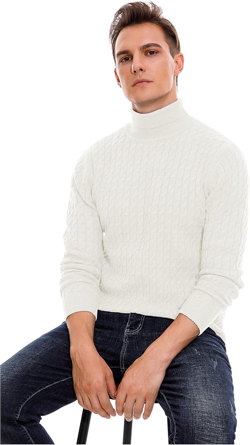 Sailwind Men's Twisted Knitted Turtleneck Sweater Casual Soft Pullover Sweaters for Men US Small White