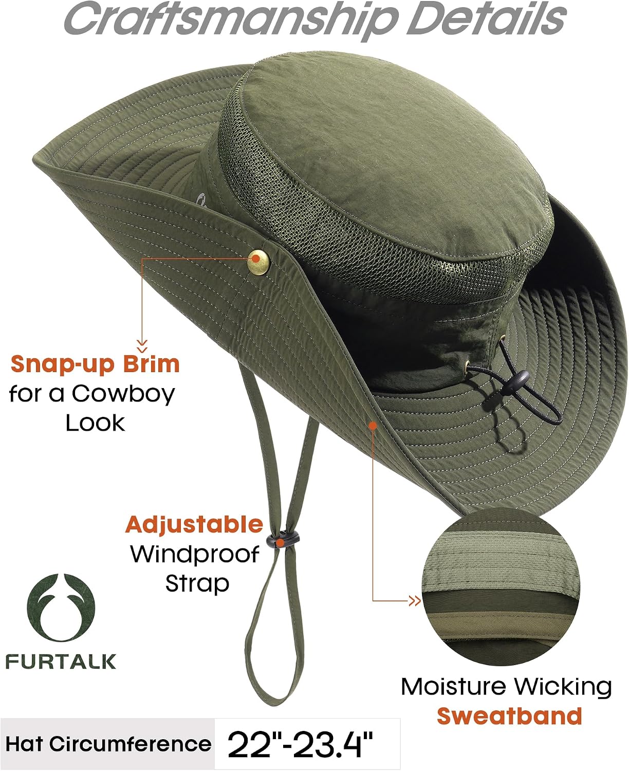 FURTALK Sun Hats for Men Women UPF Sun Protection Breathable Wide Brim | Nylon UV Protection, Breathable Adjustable, 2-in-1 Wide Brim, Packable Water-Resistant, Fishing Hiking Summer