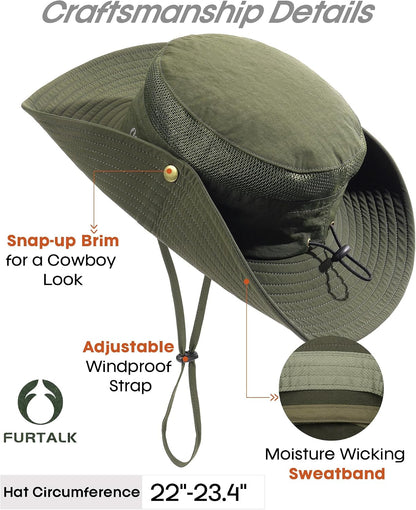 FURTALK Sun Hats for Men Women UPF Sun Protection Breathable Wide Brim | Nylon UV Protection, Breathable Adjustable, 2-in-1 Wide Brim, Packable Water-Resistant, Fishing Hiking Summer
