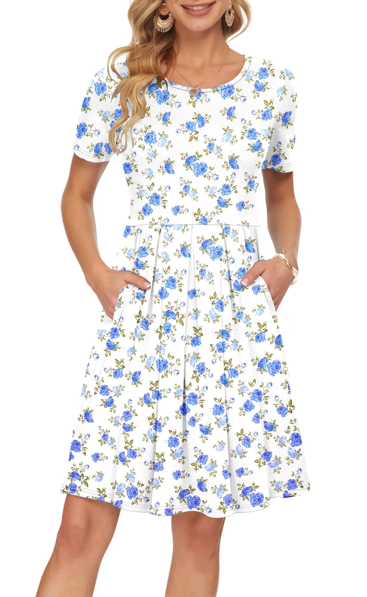 AUSELILY Women's Short Sleeve Summer Dress Pleated Loose Swing Knee Length Dresses with Pockets 2026 New