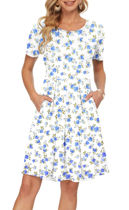 AUSELILY Women's Short Sleeve Summer Dress Pleated Loose Swing Knee Length Dresses with Pockets 2026 New