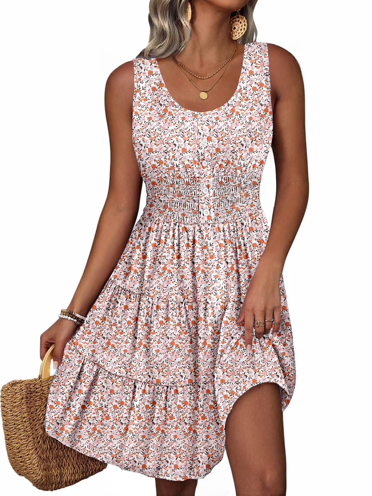 Summer Dresses for Women Casual Sleeveless Sundresses Elastic Waist Mini Sun Dress