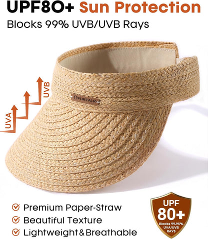 FURTALK Sun Visor Hats for Women Wide Brim Straw Visors Womens Foldable Beach Visors Summer Packable Ponytail Beach Hat