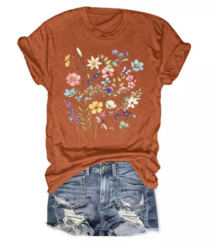 Women's Boho Wildflower Graphic Loose Tees Vintage Floral Short Sleeve T-Shirts Summer Cotton Tee Tops