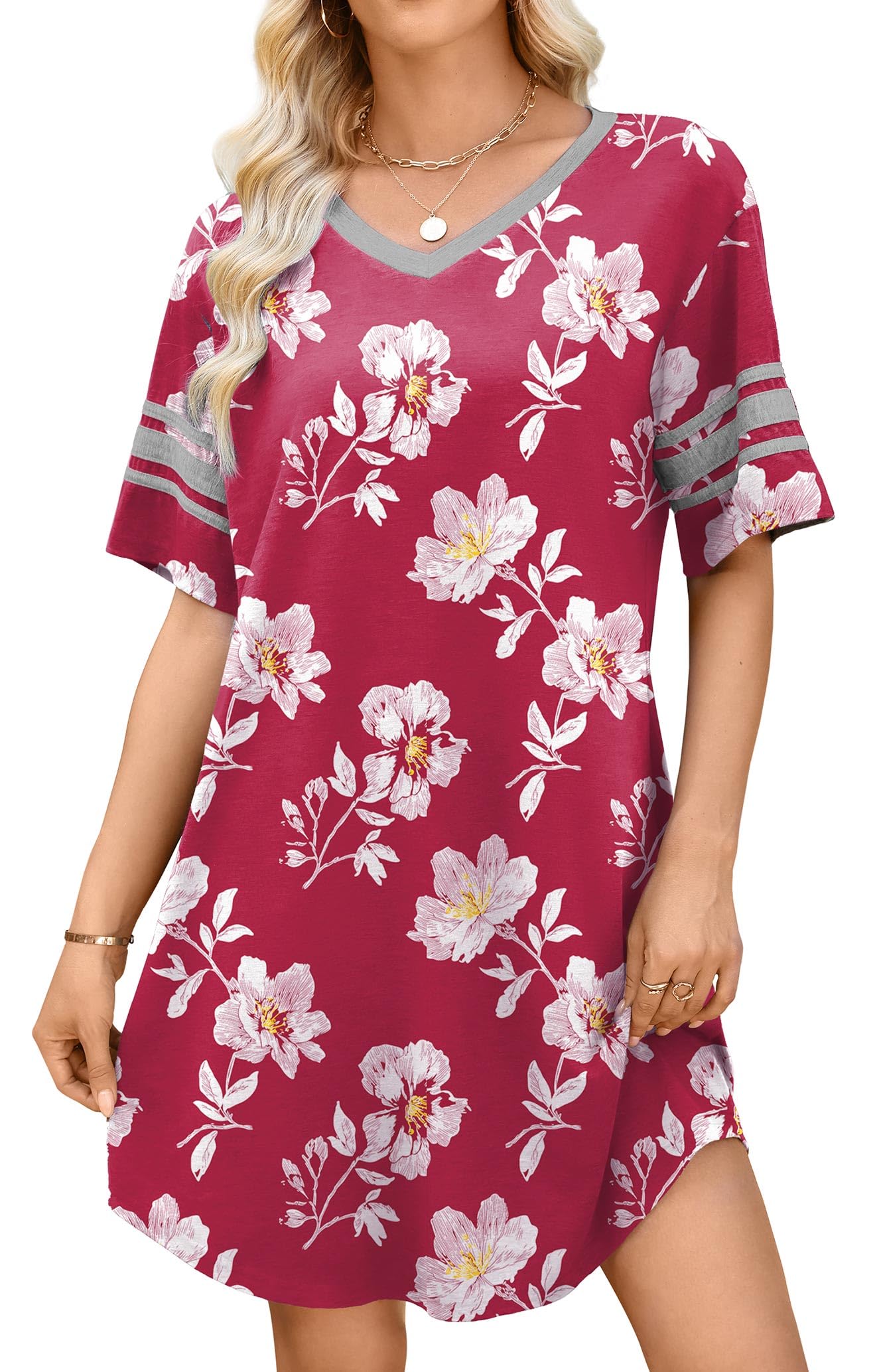 WEACZZY Women's Sleep Shirt Short Sleeve Nightgown Loose Fit Breathable | Crew Neck, Soft Polyester Blend Sleepwear, Solid Colors Floral Prints, Pajama Dress, Loungewear, House Casual Daily Wear