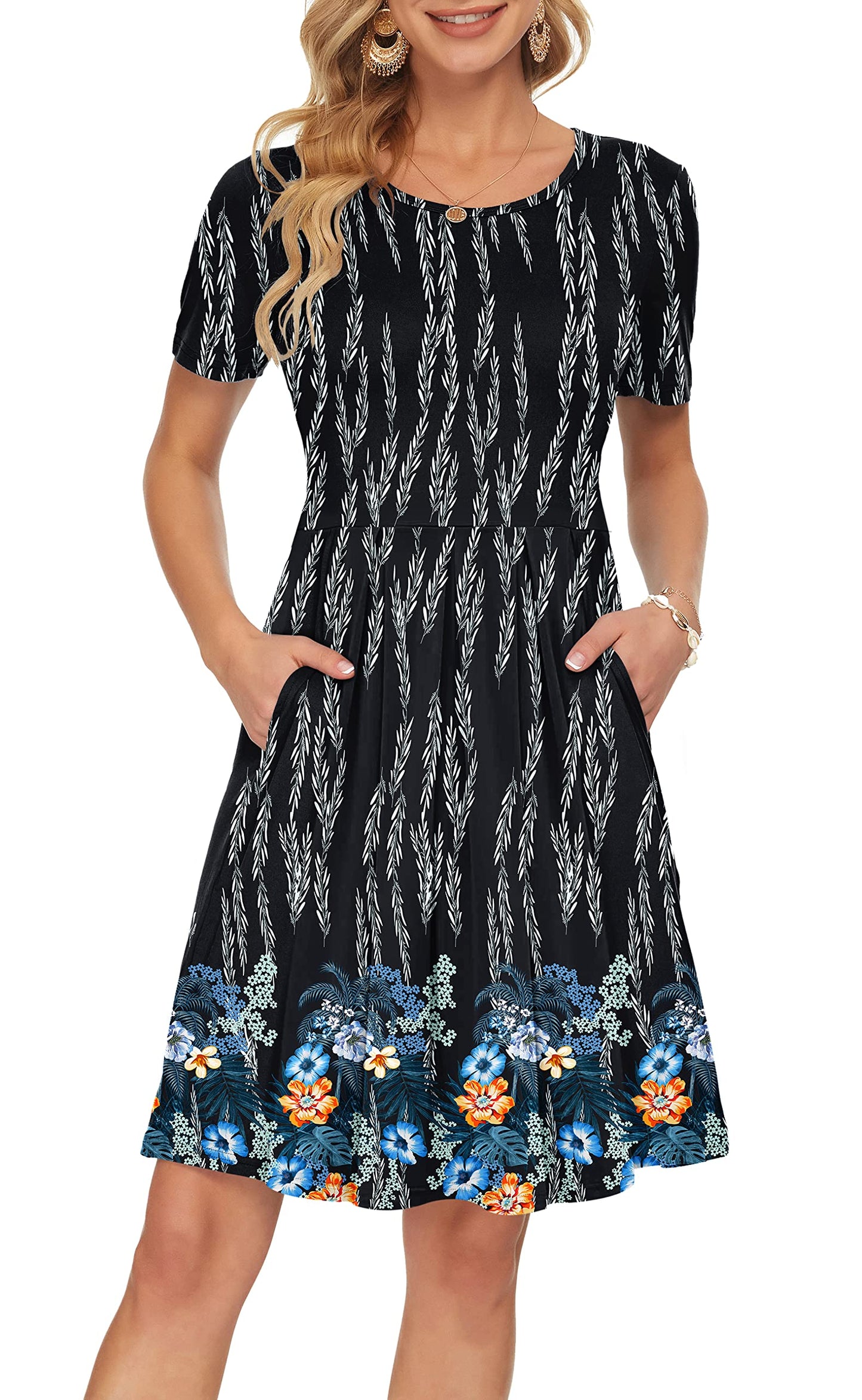 AUSELILY Women's Short Sleeve Summer Dress Pleated Loose Swing Knee Length Dresses with Pockets 2026 New
