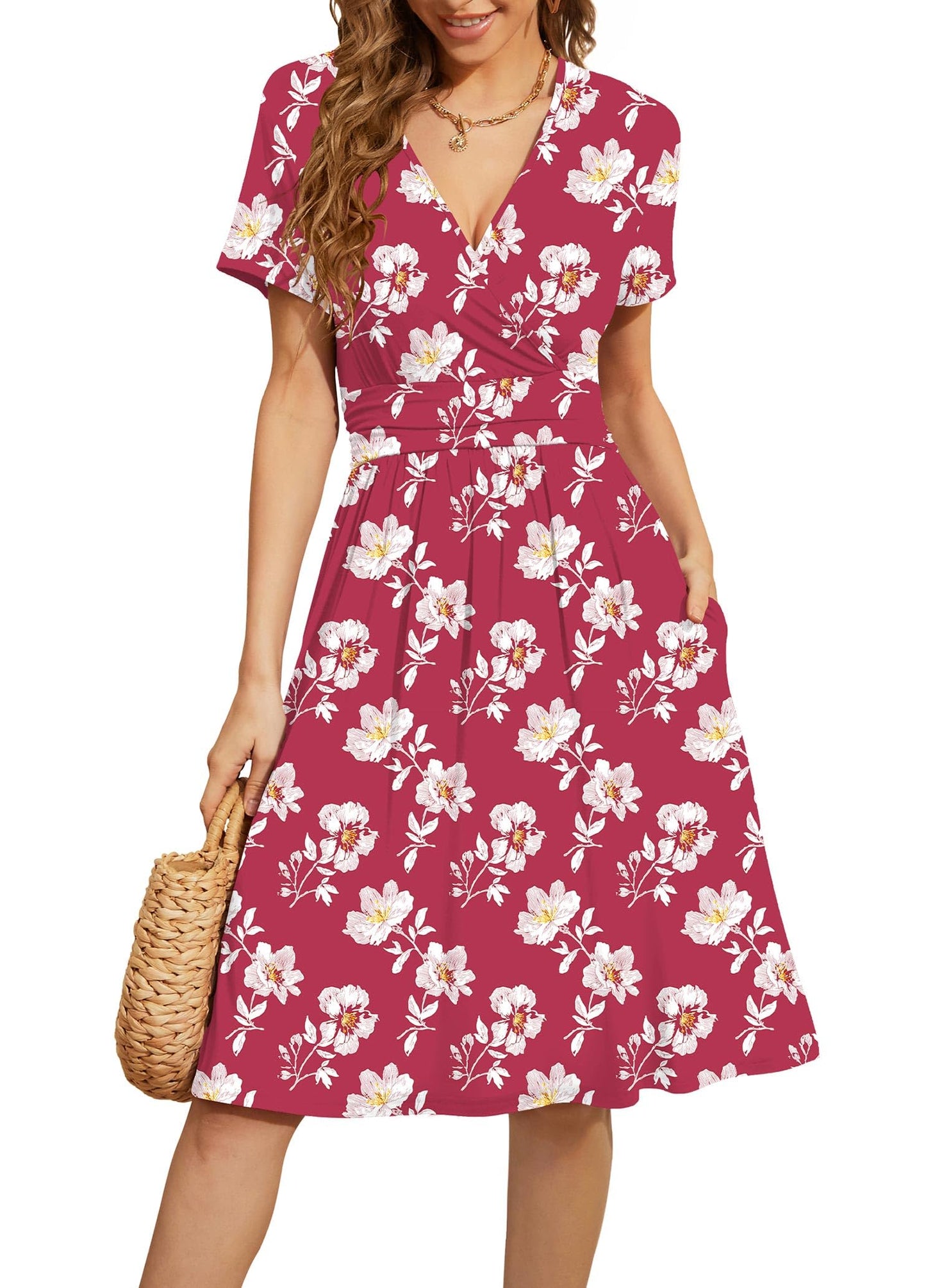 WEACZZY Women's Summer Short Sleeve Casual Dresses V-Neck Floral Party Dress with Pockets