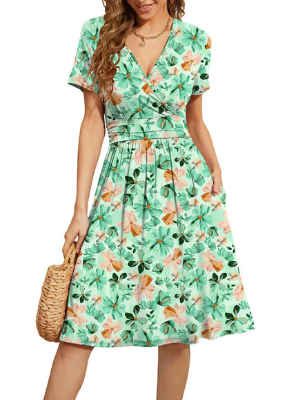 WEACZZY Women's Summer Short Sleeve Casual Dresses V-Neck Floral Party Dress with Pockets