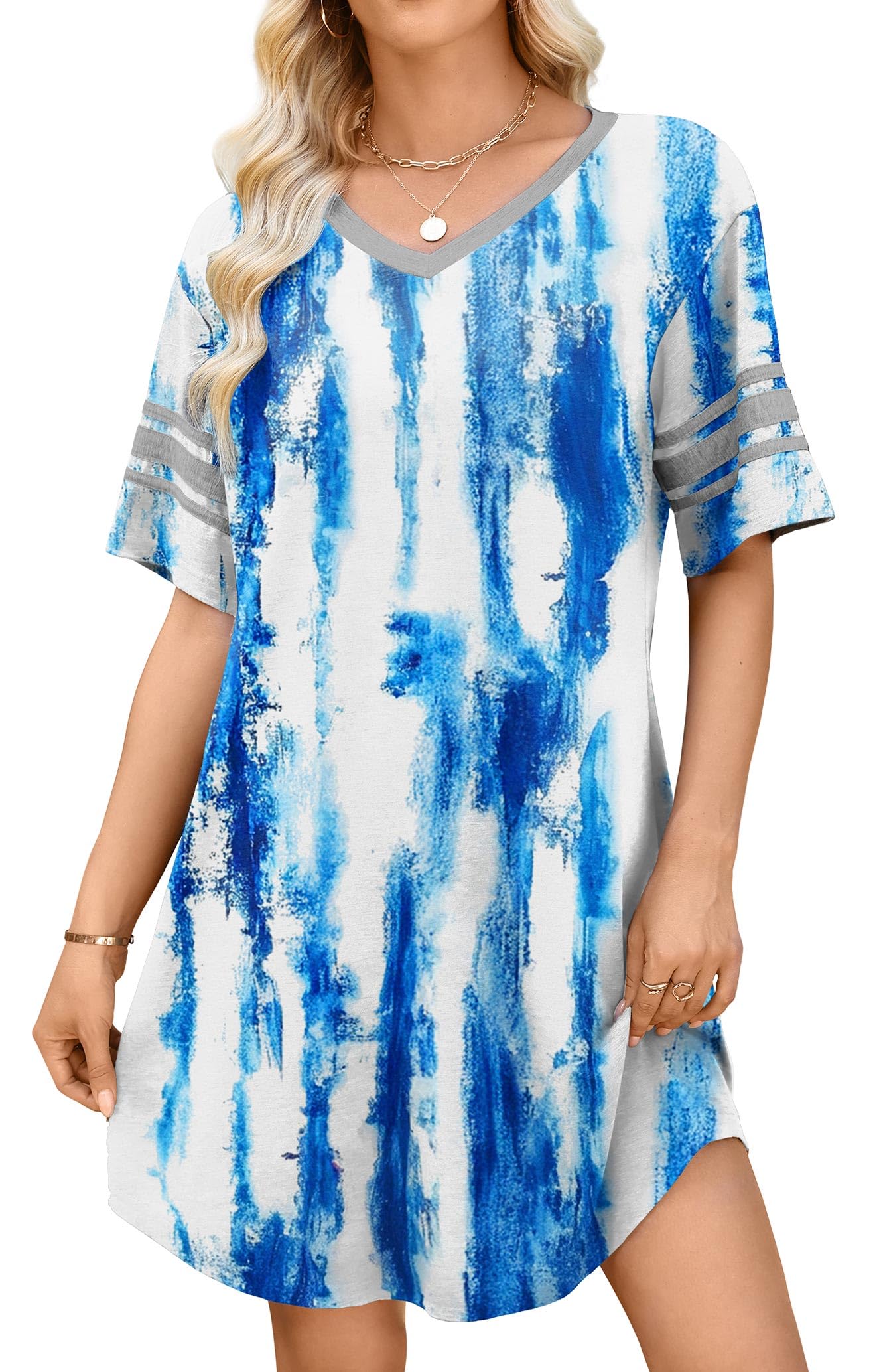 WEACZZY Women's Sleep Shirt Short Sleeve Nightgown Loose Fit Breathable | Crew Neck, Soft Polyester Blend Sleepwear, Solid Colors Floral Prints, Pajama Dress, Loungewear, House Casual Daily Wear