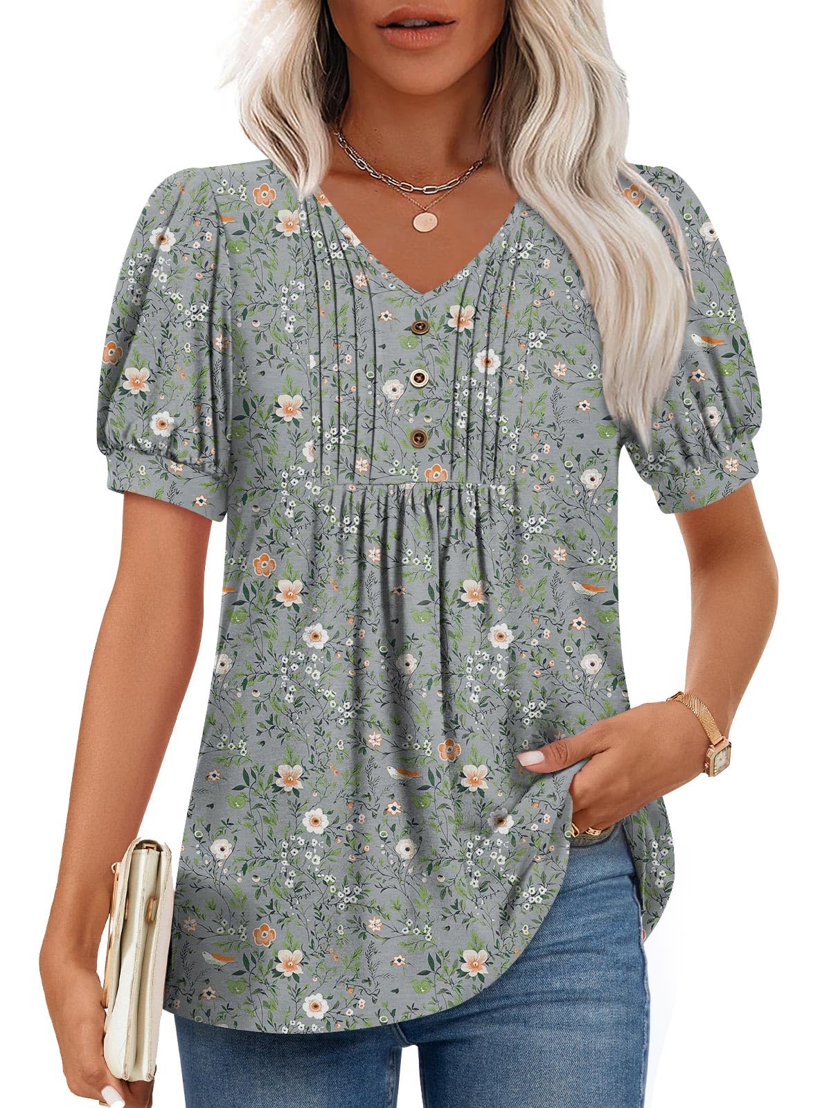 Findsweet Women's Summer Tunic Tops Casual Dressy Blouses Short Sleeve Shirts M-4XL