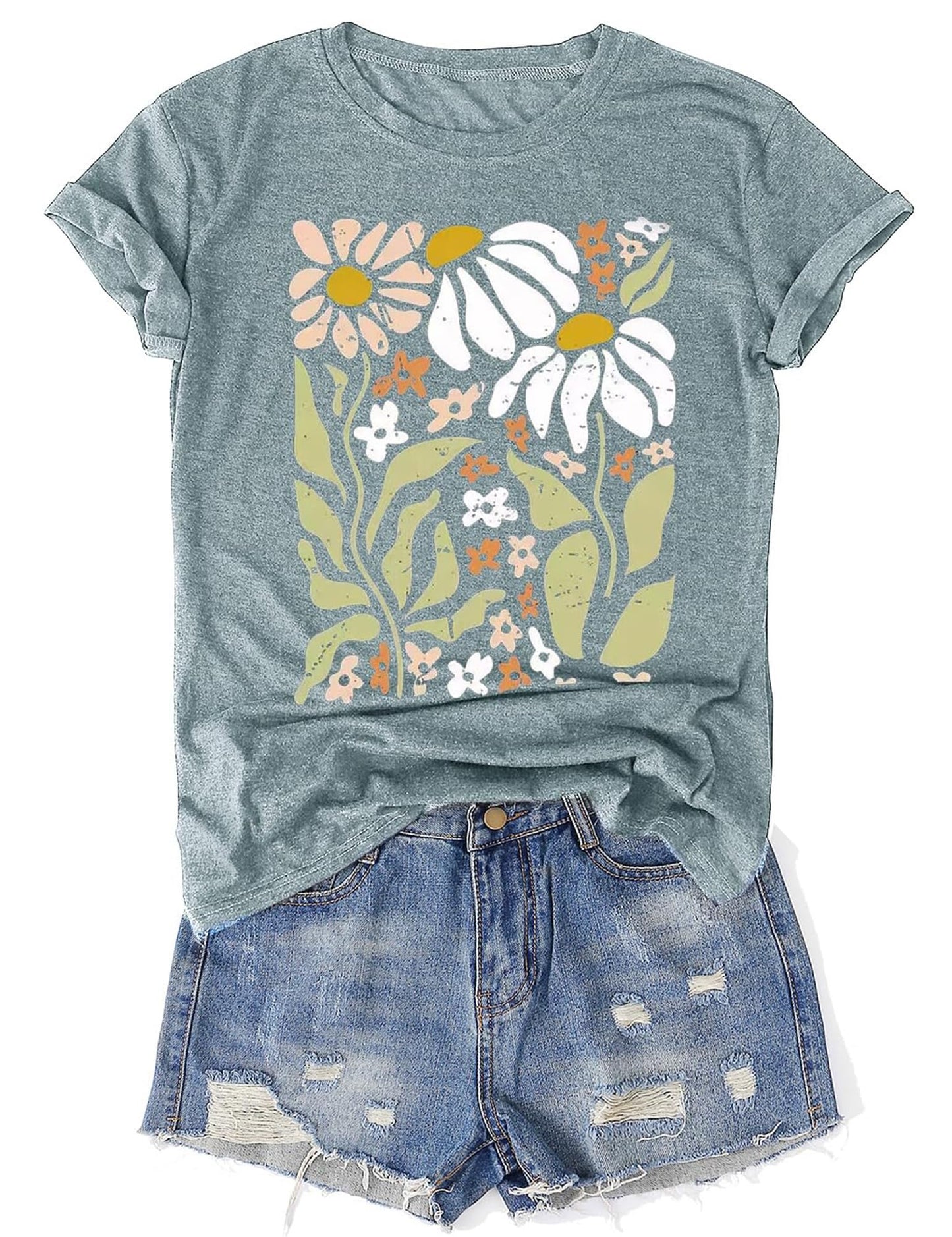 Women's Vintage Floral T Shirt Boho Wildflower Graphic Loose Tees Short Sleeve Casual Tops