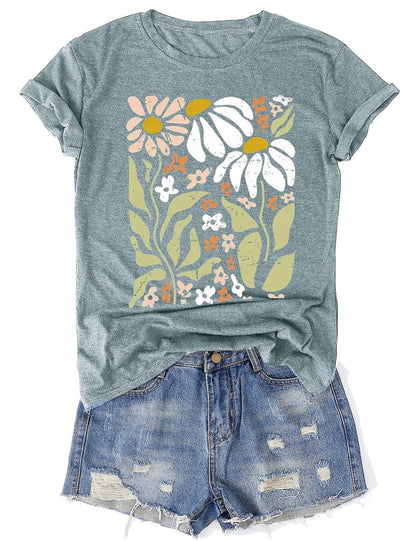 Women's Vintage Floral T Shirt Boho Wildflower Graphic Loose Tees Short Sleeve Casual Tops