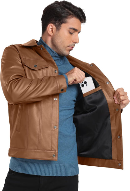 Sailwind Men's Leather Jacket Lapel Collar Motorcycle Coat Snap Button Faux Leather Bomber Jackets