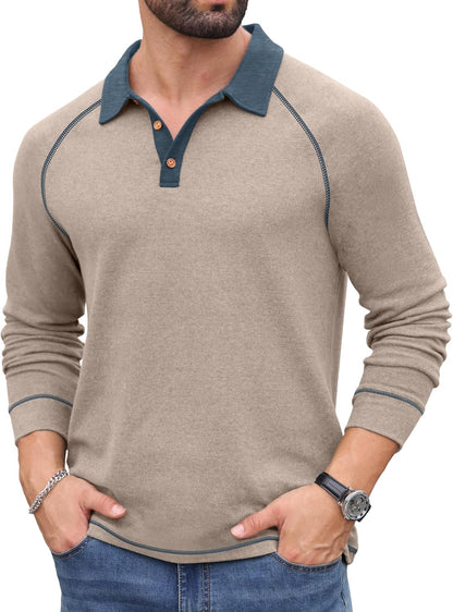 Sailwind Mens Long Sleeve Polo Shirts Fashion Casual Raglan Button Polo Tee Collared Golf Shirt