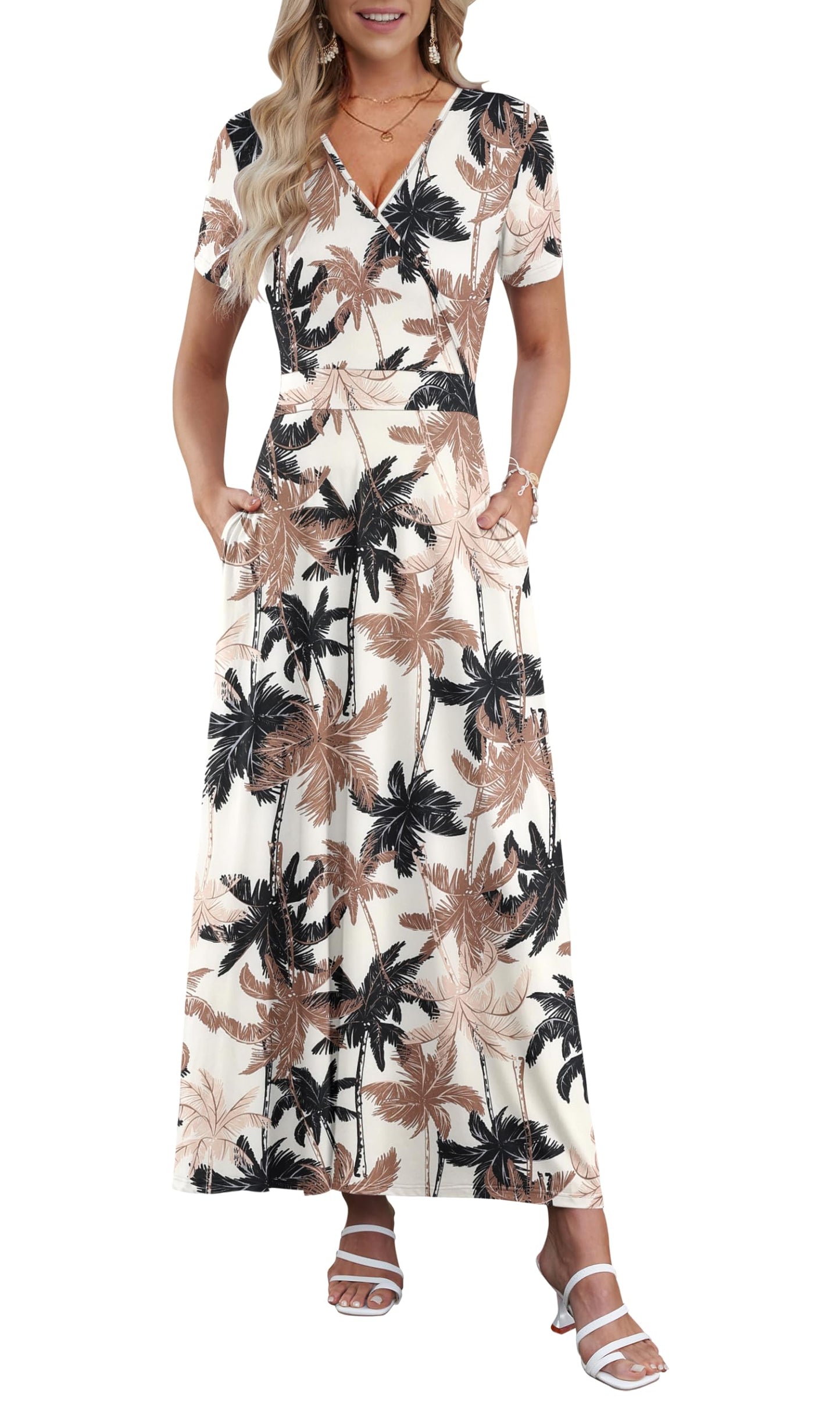AUSELILY Maxi Dresses for Women Ankle Length Floral Print Beach Long Flowy Dress with Pockets