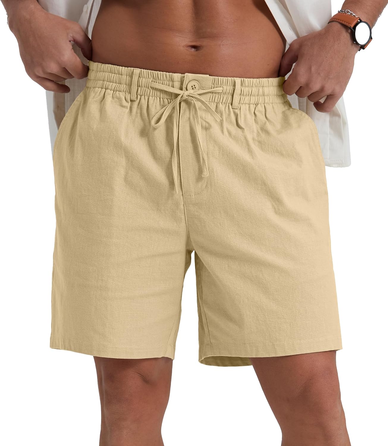 Sailwind Men's Linen Shorts 7" Casual Elastic Waist Drawstring Summer Beach Shorts