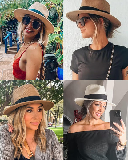 FURTALK Womens Mens Wide Brim Straw Panama Hat Fedora Summer Beach Sun Hats UPF Straw Hat for Women