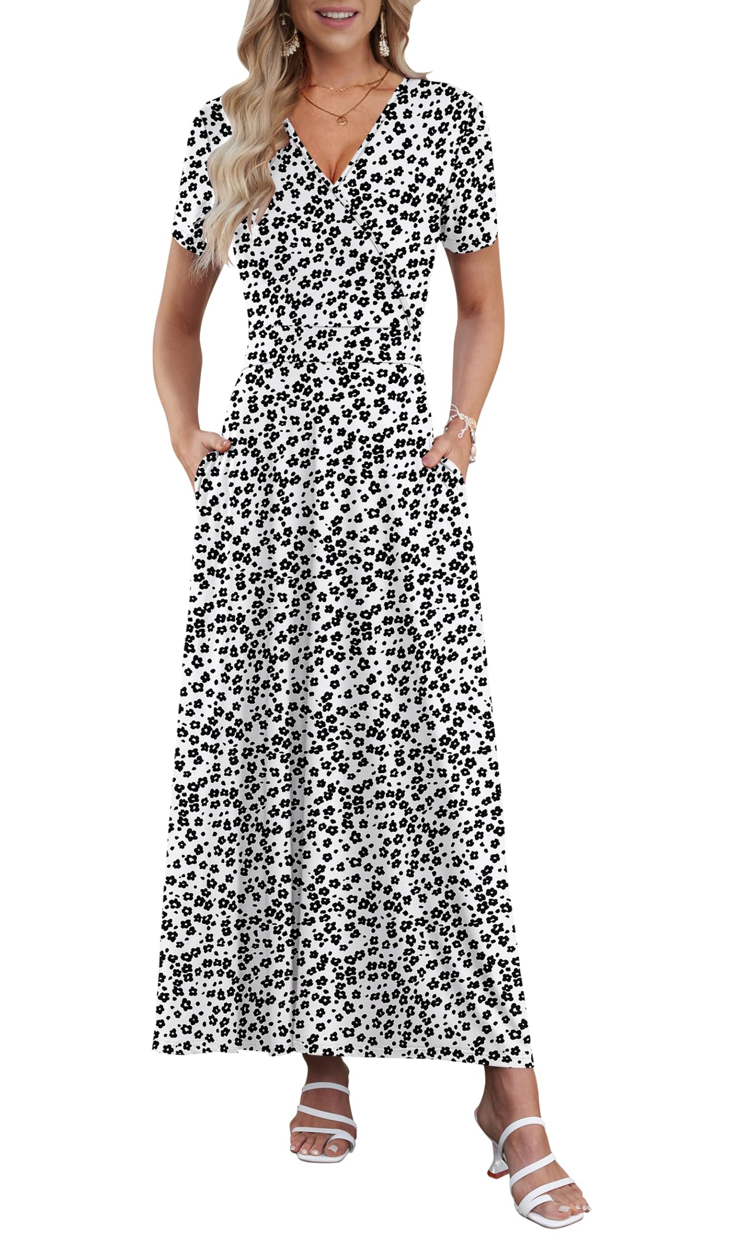 AUSELILY Maxi Dresses for Women Ankle Length Floral Print Beach Long Flowy Dress with Pockets
