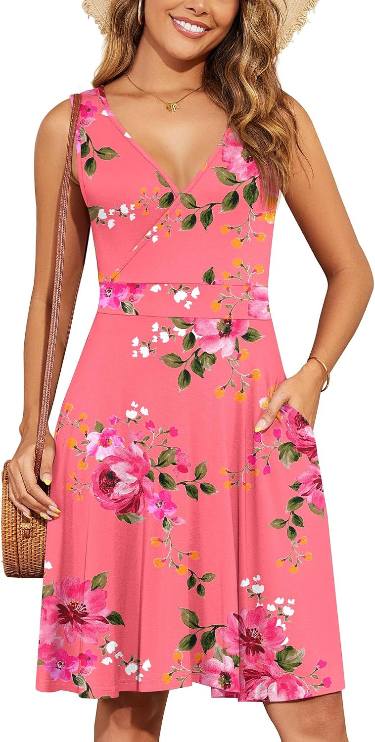 WEACZZY Women's Summer Sleeveless Casual Dresses V-Neck Wrap Floral Holiday Tank Dress Flowy Beach Sundress with Pockets