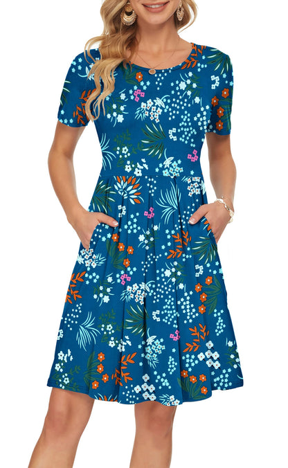 AUSELILY Women's Short Sleeve Summer Dress Pleated Loose Swing Knee Length Dresses with Pockets 2026 New