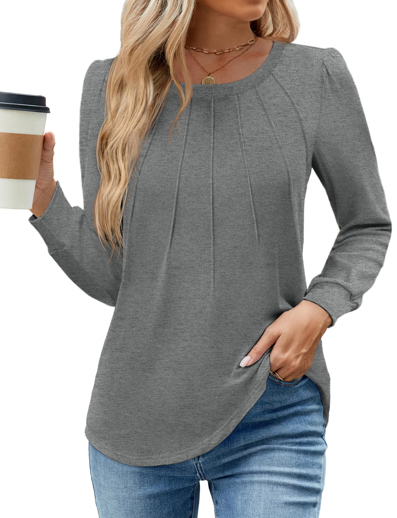 WEACZZY Women Long Sleeve Shirts Crew Neck Tunic Tops Soft Casual Blouses Creased Design Curved Side Hem Fashion Outfits 2026