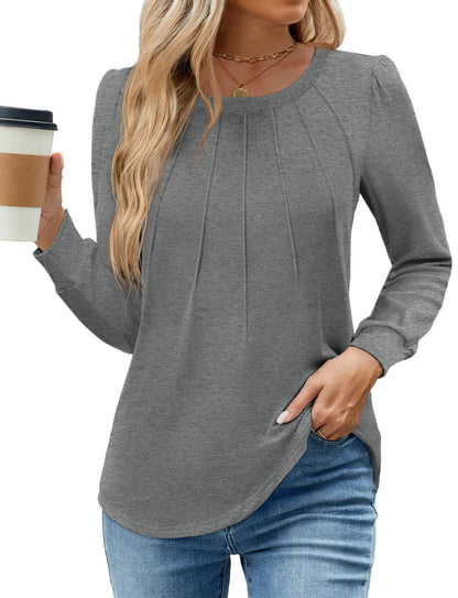 WEACZZY Women Long Sleeve Shirts Crew Neck Tunic Tops Soft Casual Blouses Creased Design Curved Side Hem Fashion Outfits 2026
