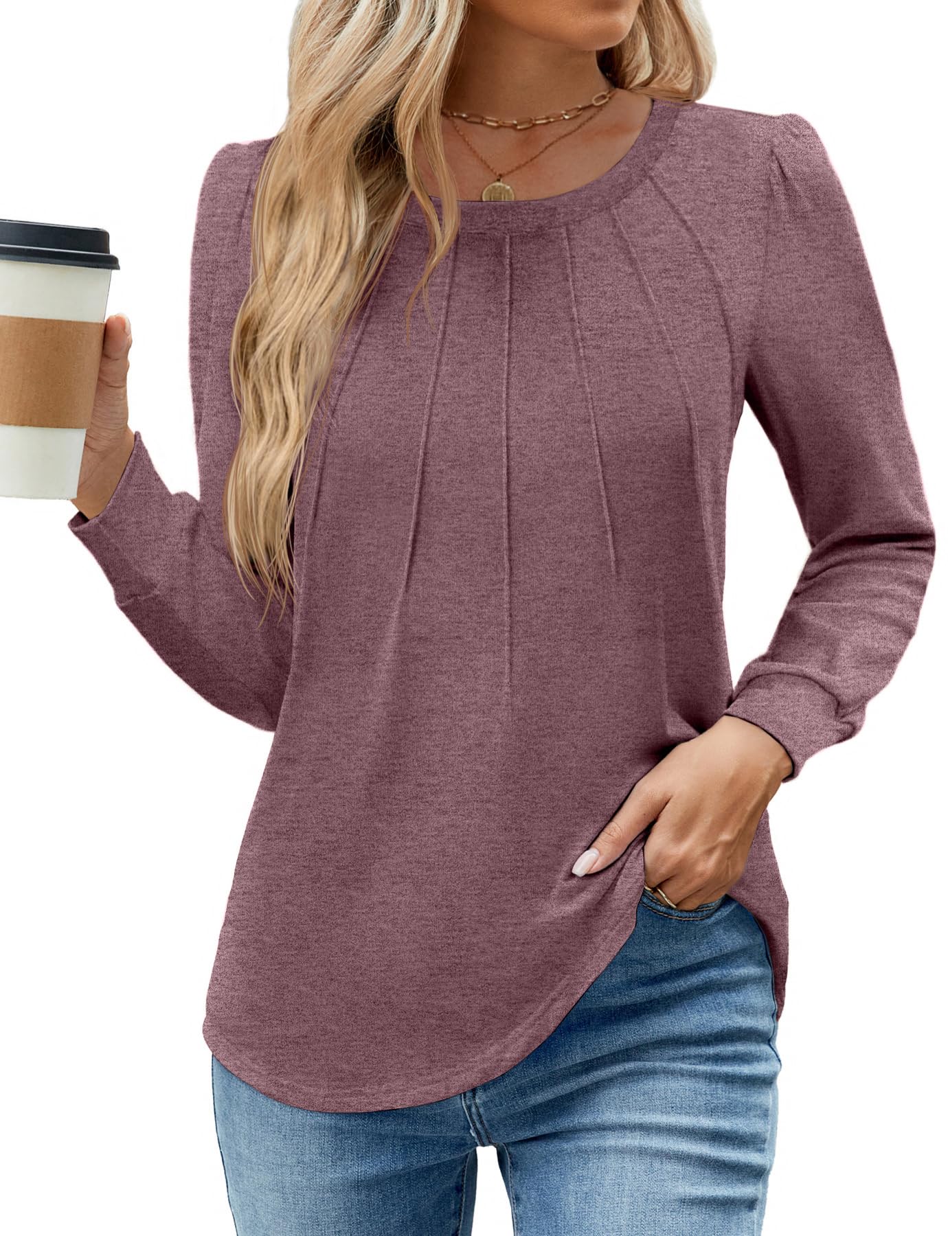WEACZZY Women Long Sleeve Shirts Crew Neck Tunic Tops Soft Casual Blouses Creased Design Curved Side Hem Fashion Outfits 2026