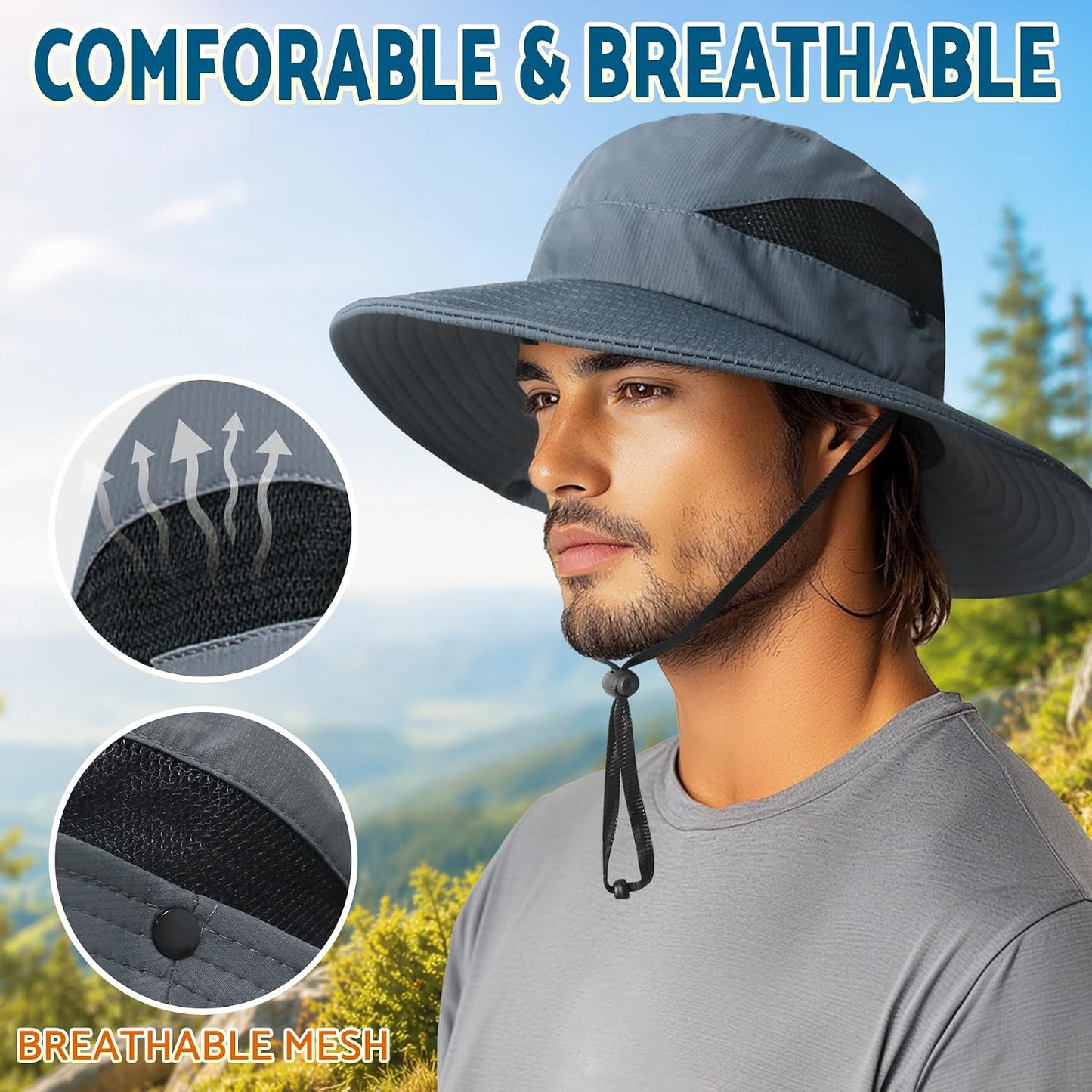 PFFY Sun Hats for Men Women Wide Brim Bucket Hat UPF 50+ Outdoor Beach Hiking Fishing Hat
