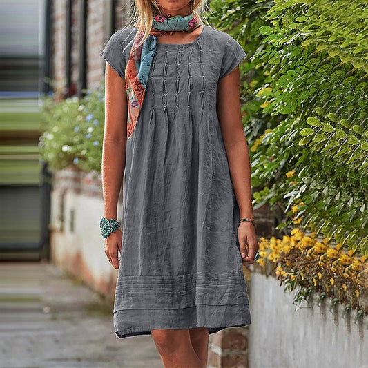 Cotton Linen Dress for Women Plus Size Pleated Dresses Casual Round Neck Short Sleeve Sundress Beach Vacation Dress