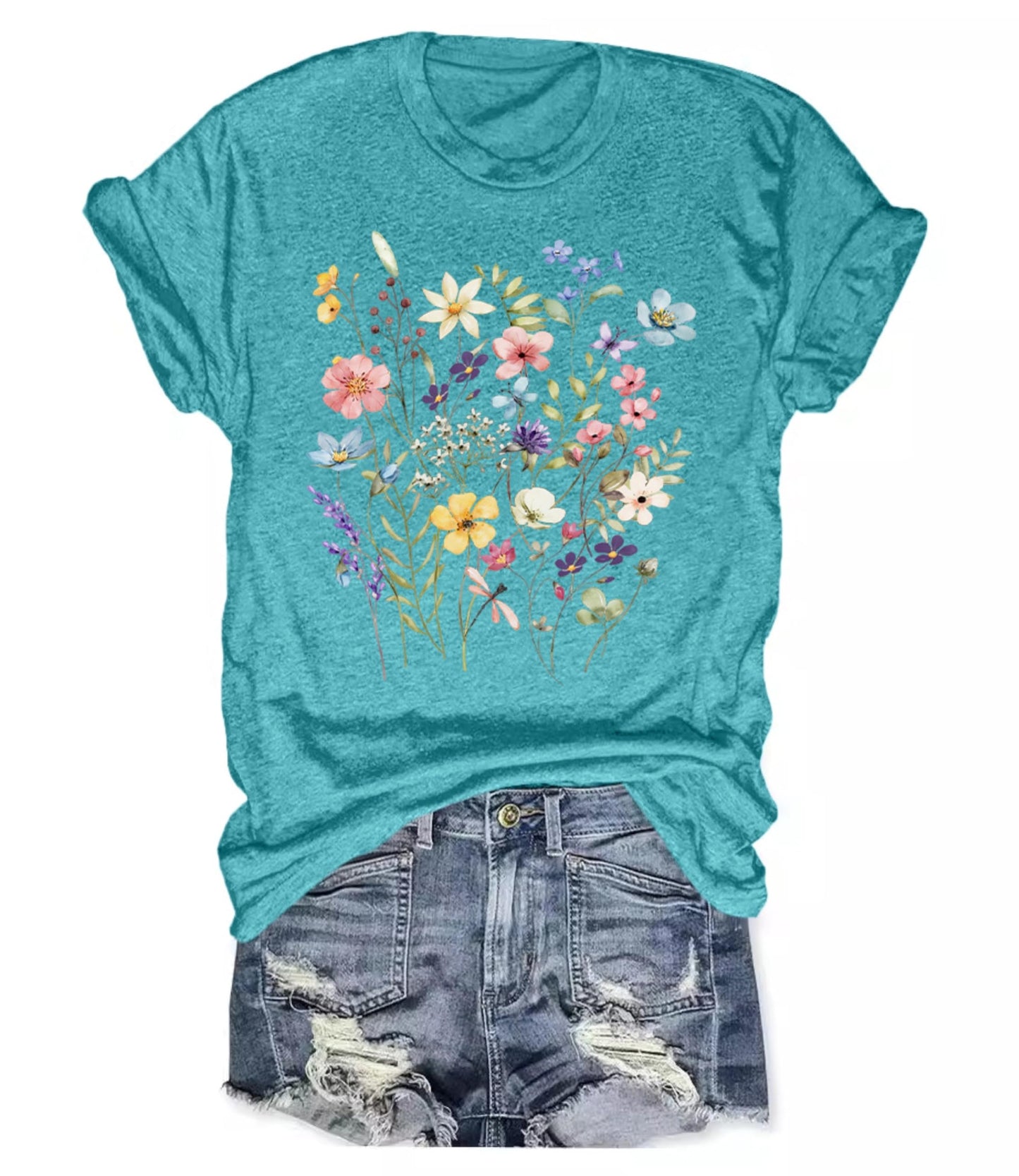 Women's Boho Wildflower Graphic Loose Tees Vintage Floral Short Sleeve T-Shirts Summer Cotton Tee Tops