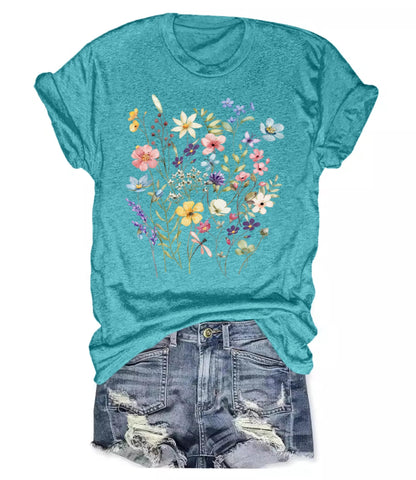 Women's Boho Wildflower Graphic Loose Tees Vintage Floral Short Sleeve T-Shirts Summer Cotton Tee Tops