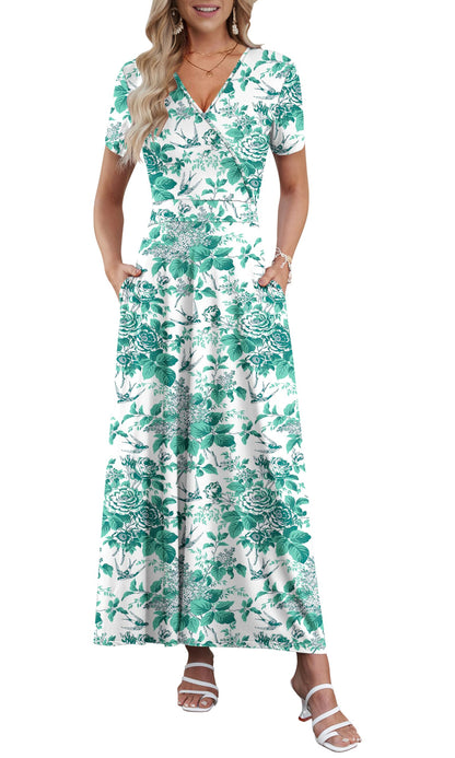 AUSELILY Maxi Dresses for Women Ankle Length Floral Print Beach Long Flowy Dress with Pockets
