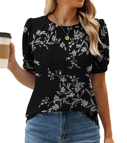 WEACZZY Women's Short Sleeve Crew Neck T-Shirt Pleated Front Casual Blouse | Puff Sleeve, Soft Comfortable Breathable, Regular Fitted, Asymmetrical High-Low Hem, Business Casual, Spring Summer Fall