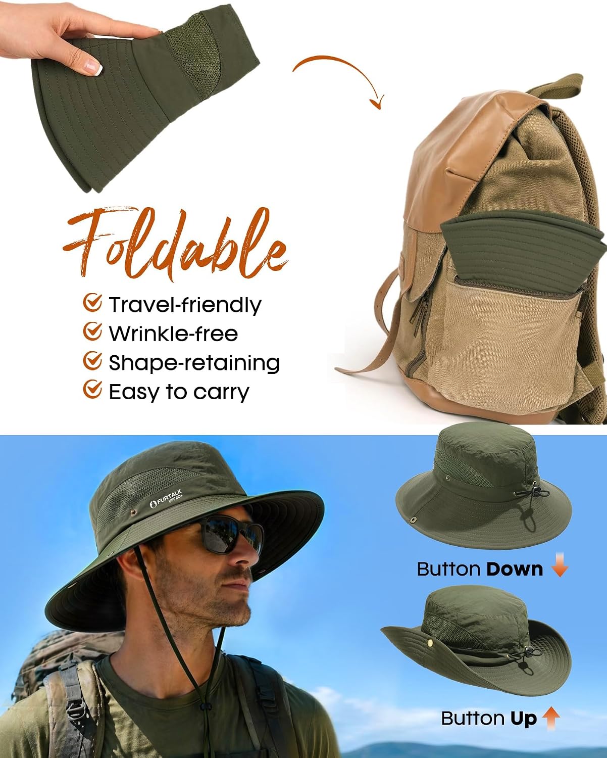FURTALK Mens Bucket Sun Hat UPF 80+ Wide Brim Hiking Fishing Beach Outdoor Hats