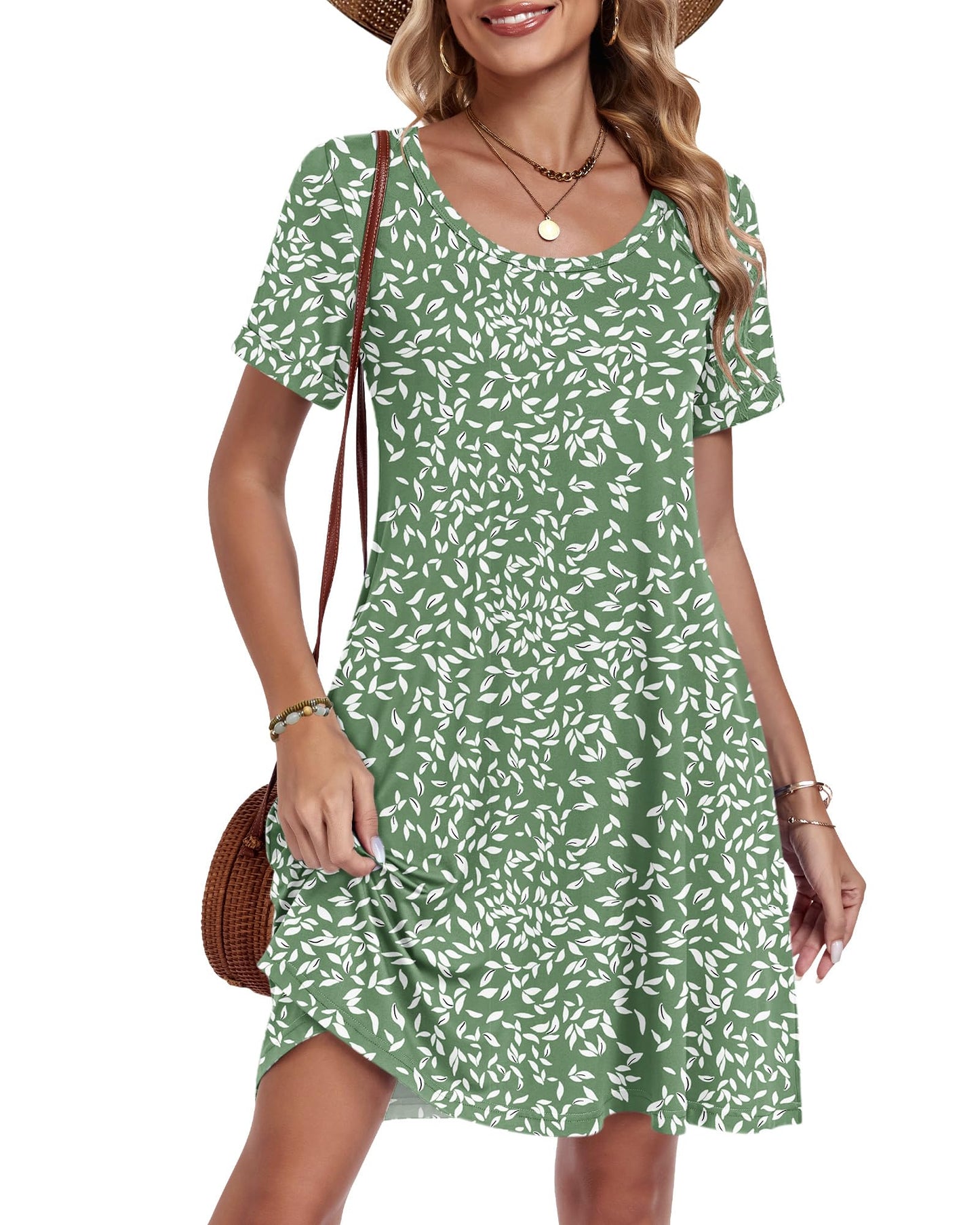 AUSELILY Women's Summer Casual Dresses 2026 Short Sleeve Swing Beach Floral T-Shirt Dress with Pockets