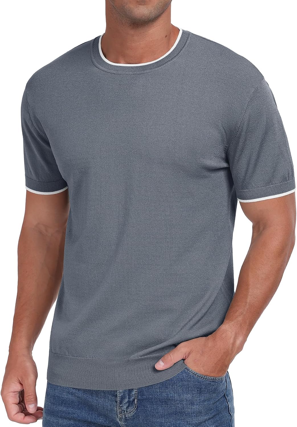 Sailwind Mens T-Shirt Knit Short Sleeve Crew Neck Contrast Trim Knit T-Shirt