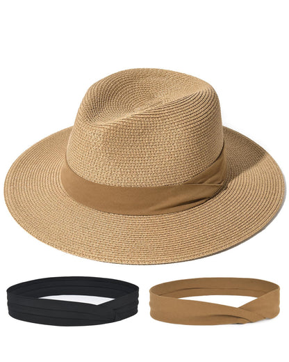 FURTALK Sun Hat Wide Brim Straw Fedora Panama Beach for Men Women | Foldable & Packable for Travel, Breathable Sweatband, Adjustable Chin Strap, Ideal for Summer Boating, Gardening or Holidays