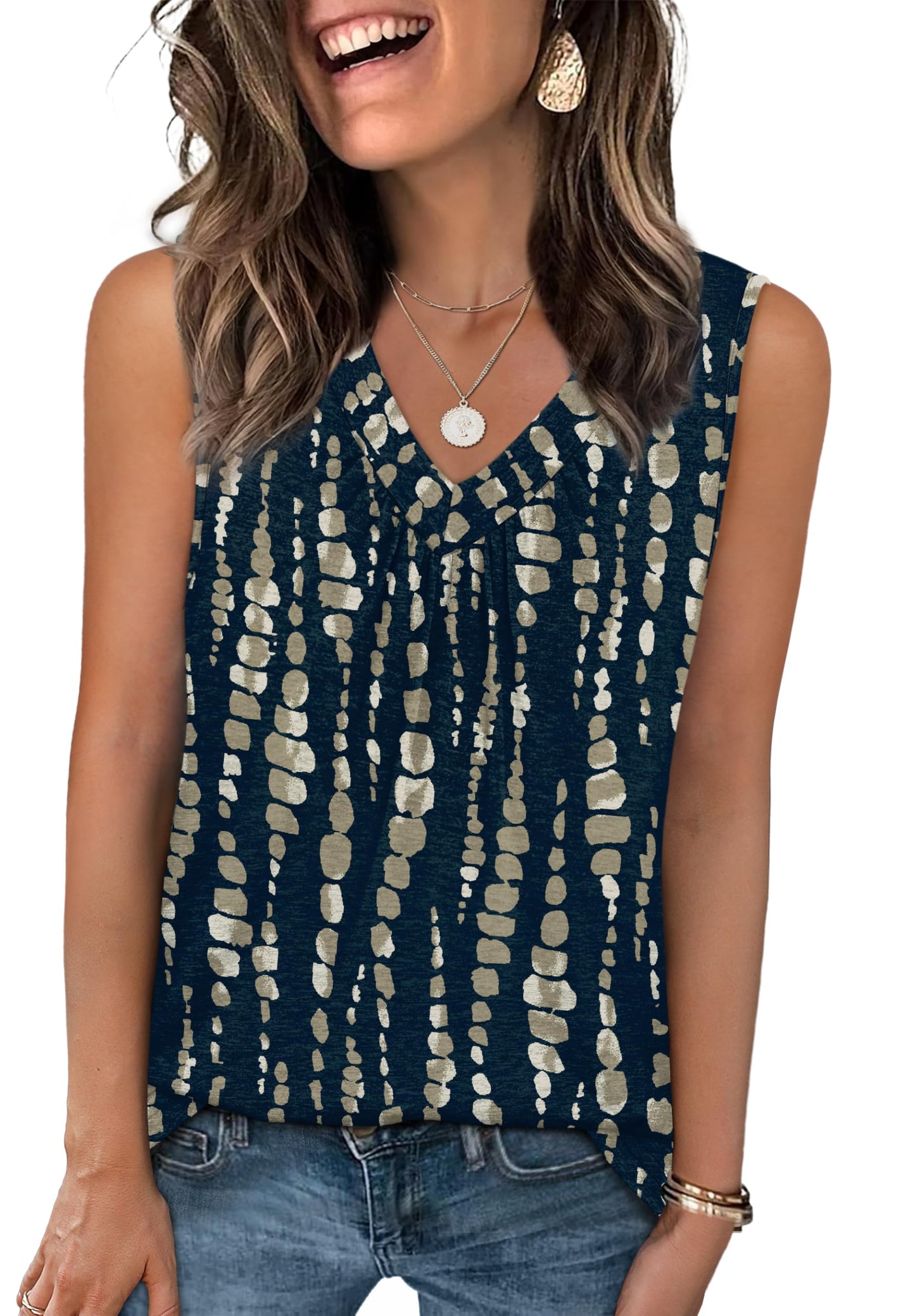 OFEEFAN Tank Top for Women Loose Fit Sleeveless Shirts V Neck Summer Clothes Ruched Women's Tees and Tanks Curved Hem