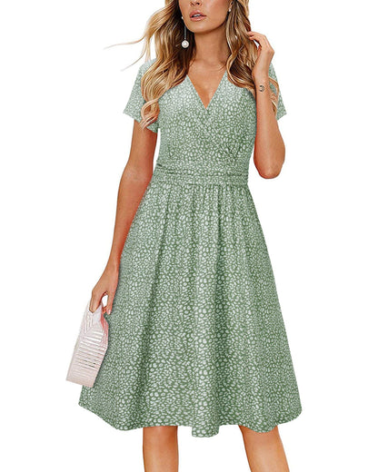 Newshows Womens Summer Short Sleeve Casual Dresses V Neck Floral Vacation Sundress Faux Wrap Midi Dress with Pockets